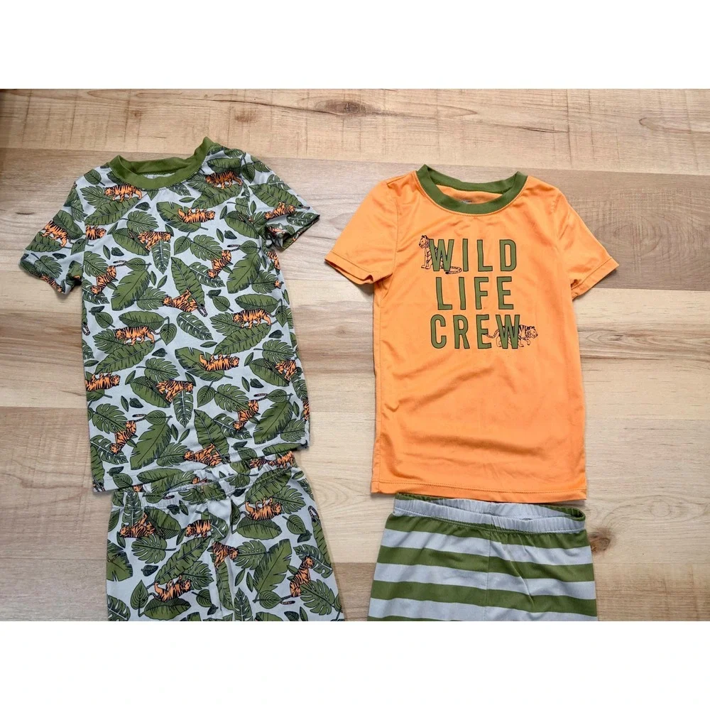 Cozy Jams Kids 4 Piece Pajama Set Tiger Jungle Wild Life Crew Orange Green 5T